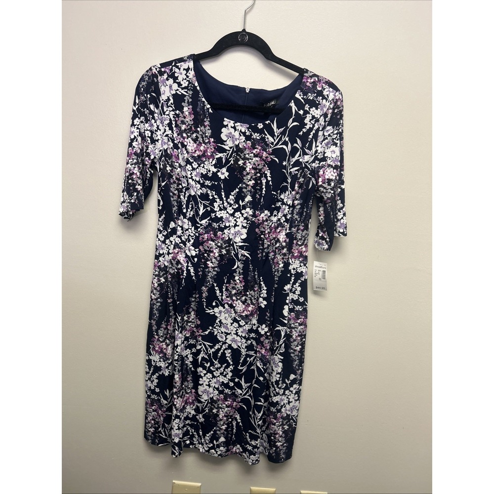 Roz & Ali Floral DRESS Womens Size 10 Blue Purple Pockets Stretch Short Sleeves